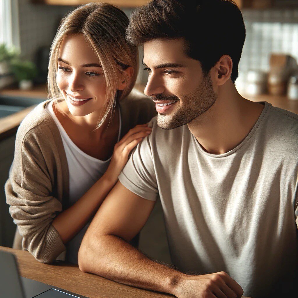 DALL·E 2024-10-30 12.10.12 - A high-resolution profile view photo of a young, good-looking couple in relaxed clothing. The woman has blonde hair, and the man is clean-shaven. They – grande taille